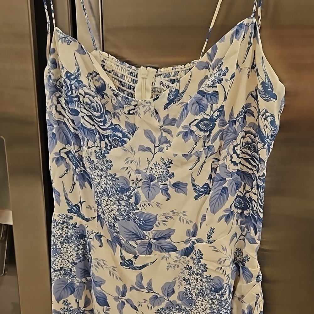 💕REFORMATION💕 Kourtney Dress ~ Pompadour Blue Floral Bird Print 4 NWT - Picture 11 of 16